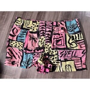 Vintage Shell Shock Nylon Shorts Small Pull On Neon Multicolor 80s Palm Tree
